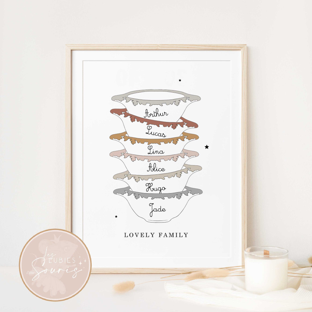 ★ Affiche Bols famille - Bols bretons personnalisés - Illustration famille bols personnalisable