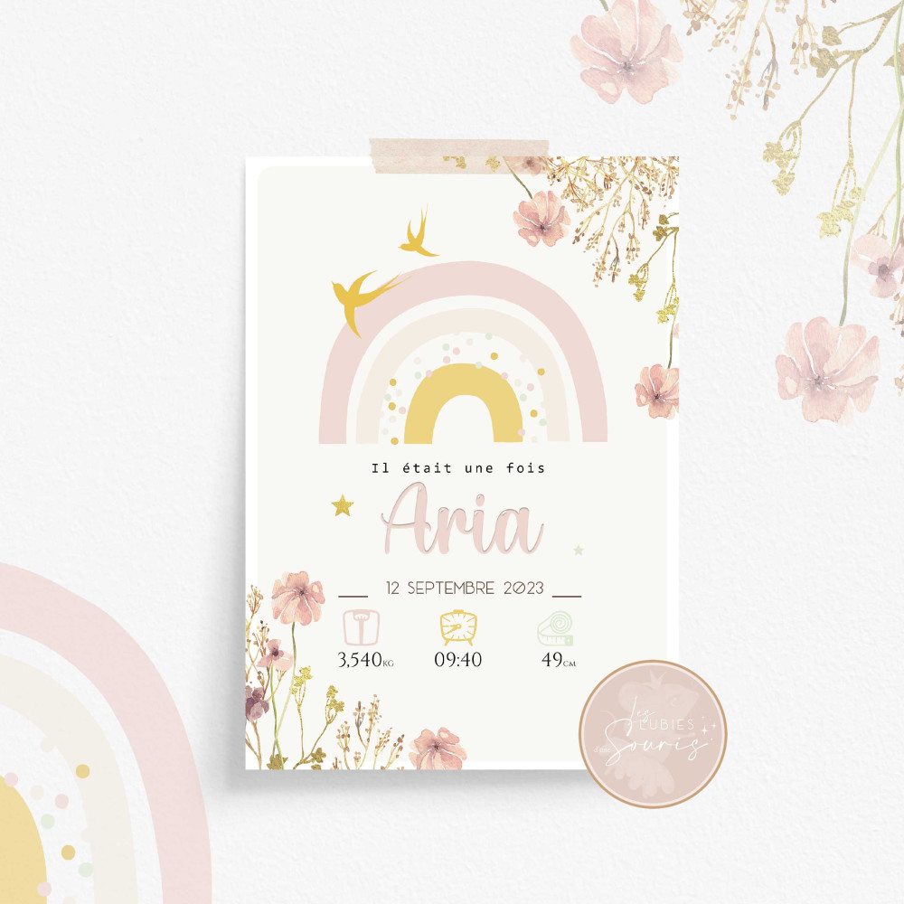 ★ Affiche naissance -  Arc en ciel & hirondelles