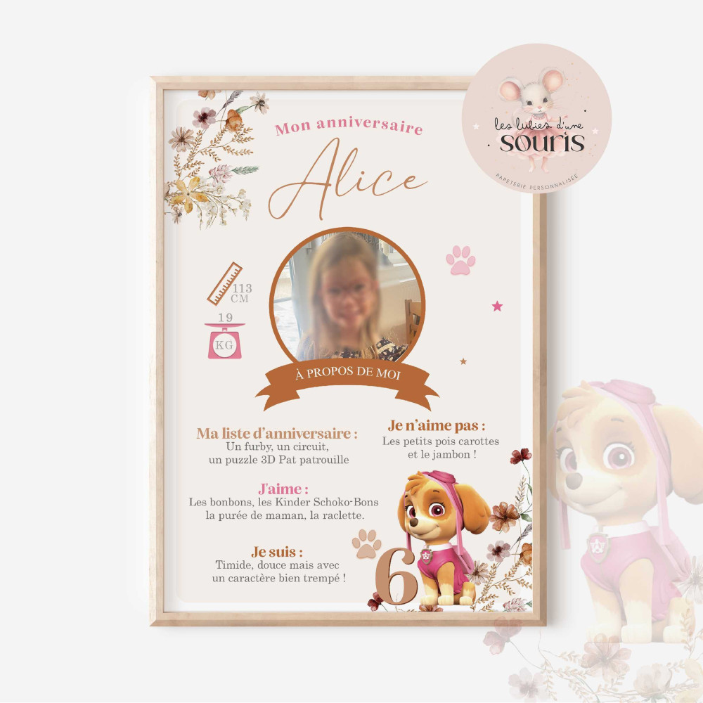 ★ Affiche anniversaire/baptême - Pat'Patrouille fleuri