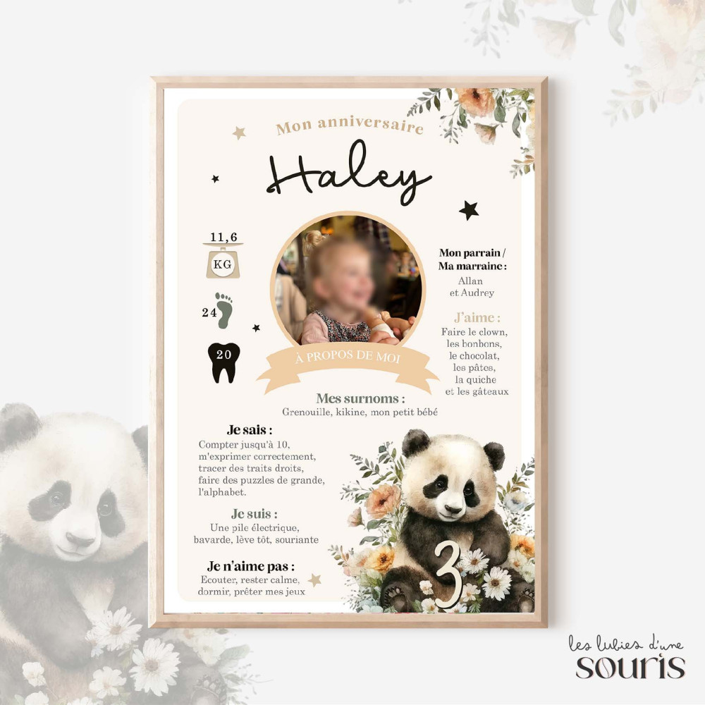 ★ Affiche anniversaire/baptême -  Floral Panda