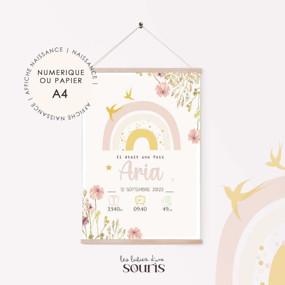 ★ Affiche naissance -  Arc en ciel & hirondelles