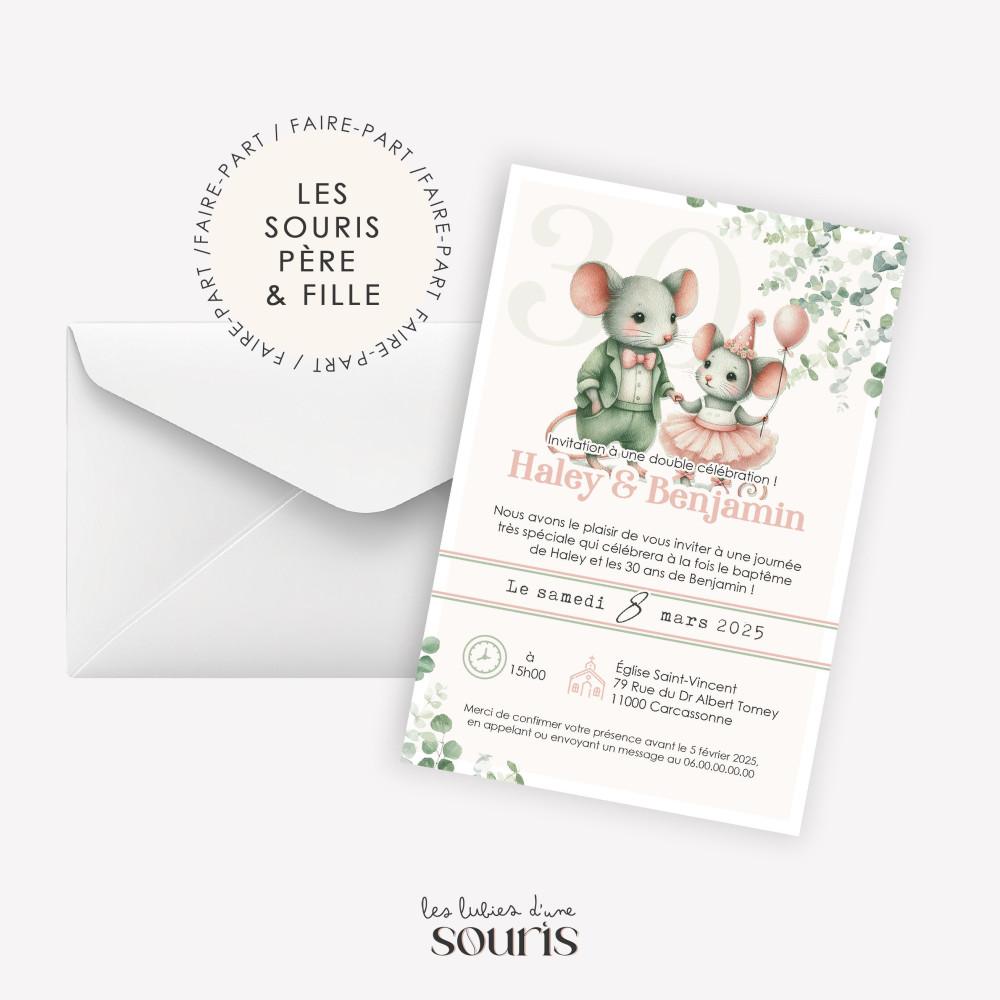 ★ Invitation & Faire part | Format carte postale | Les souris, père & fille