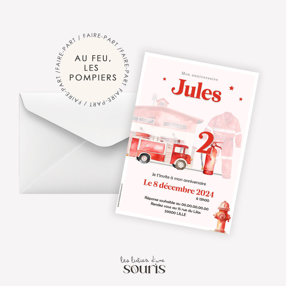 ★ Invitation & Faire part | Format carte postale | Au feu les pompiers ! 