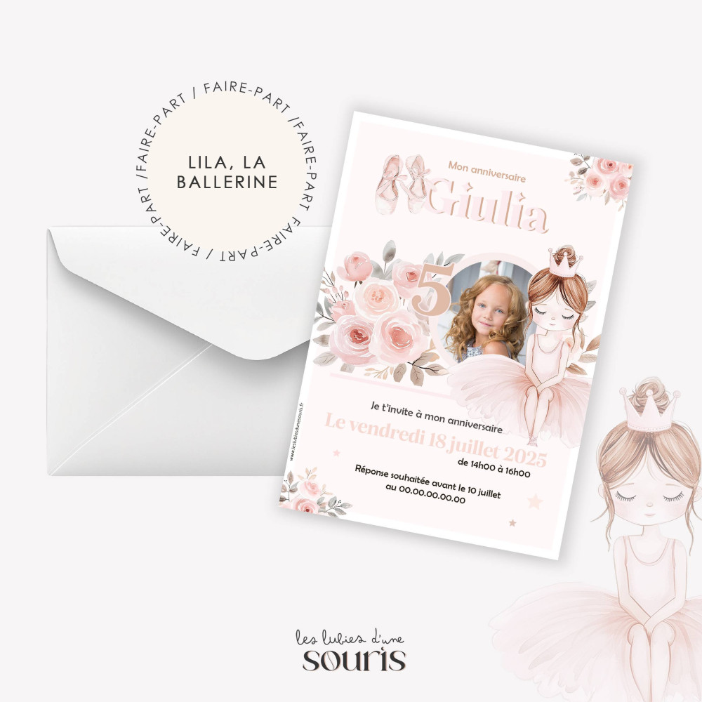 ★ Invitation & Faire part | Format carte postale | Lila, la ballerine