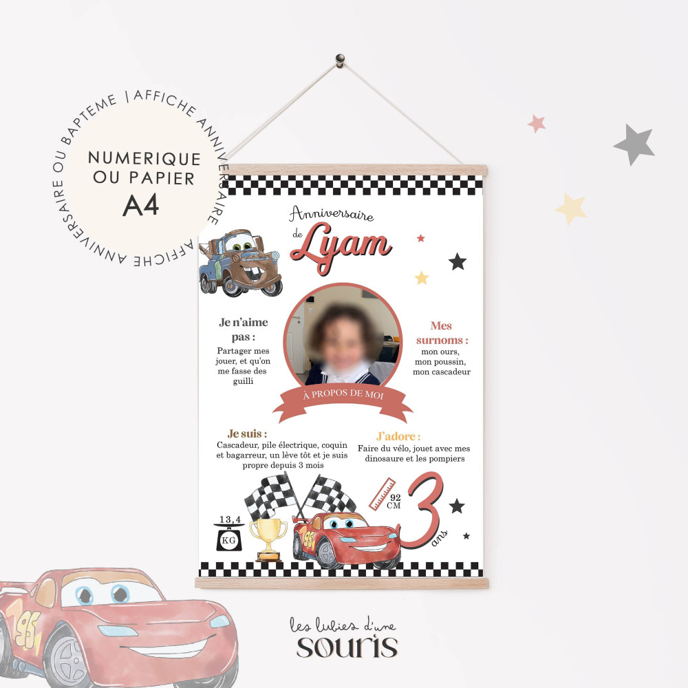 ★ Affiche anniversaire/baptême -  Prêt, feu, fête ! Cars