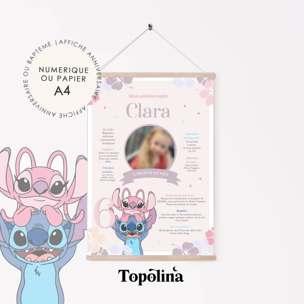Affiche Anniversaire Stitch & Angel – format A4 – décoration fête enfant
