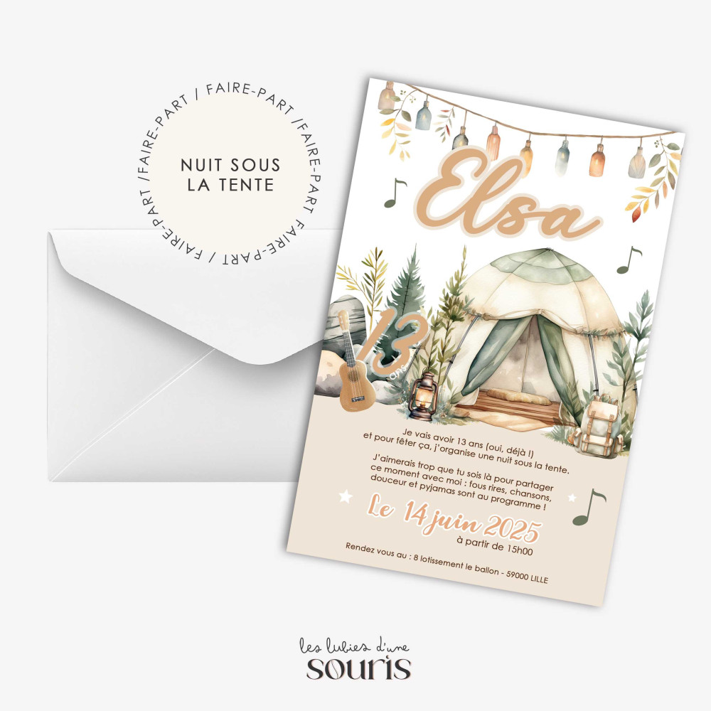 ★ Invitation & Faire part | Format carte postale | Nuit sous la tente