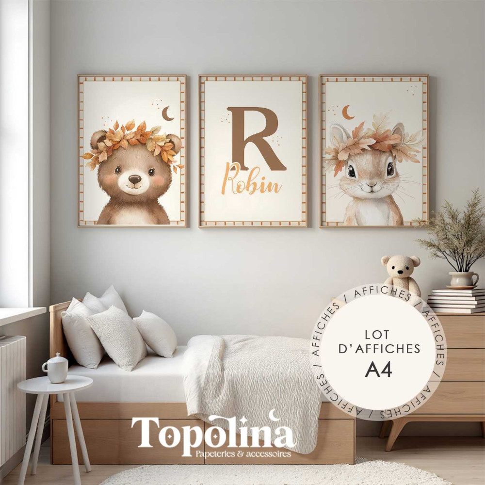★ Affiche | Lot de 3 affiches | Écureuil, ourson & initiale personnalisée