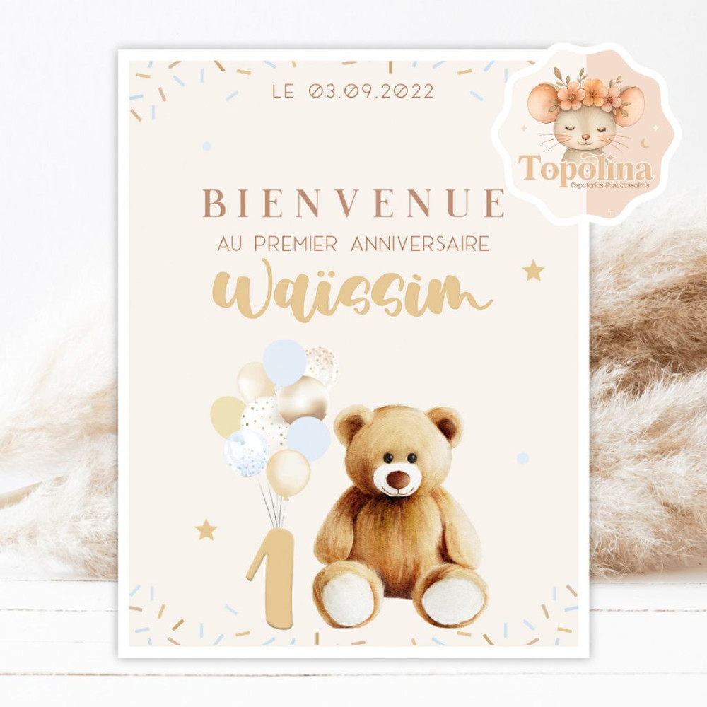 Affiche bienvenue anniversaire ou baptême – affiche personnalisée avec prénom et date - Thème OURSON