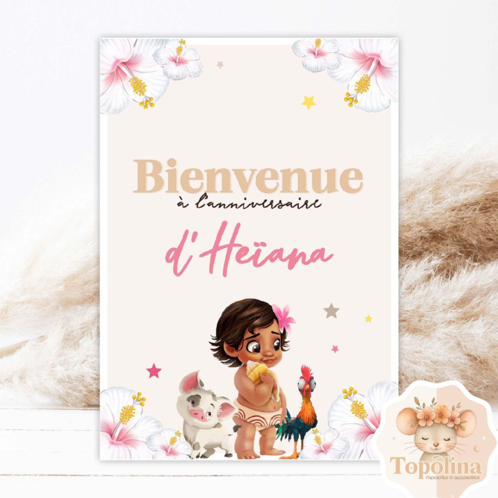 AFFICHE BIENVENUE ANNIVERSAIRE OU BAPTÊME – AFFICHE PERSONNALISÉE AVEC PRÉNOM ET DATE - THÈME : VAIANA