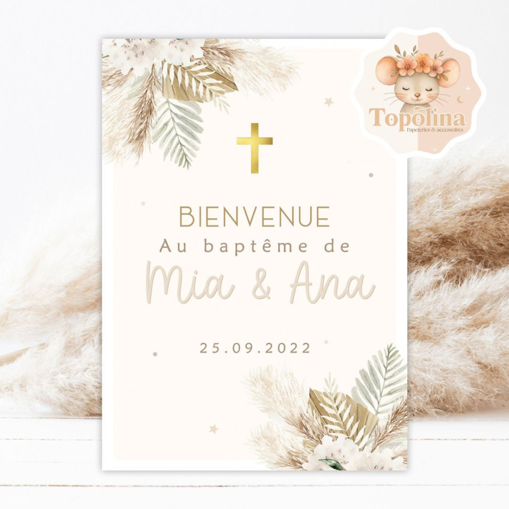 AFFICHE BIENVENUE ANNIVERSAIRE OU BAPTÊME – AFFICHE PERSONNALISÉE AVEC PRÉNOM ET DATE - THÈME : FLEURS SECHES