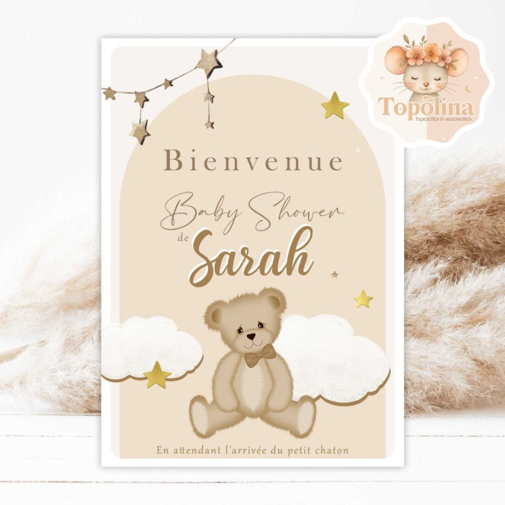 AFFICHE BIENVENUE ANNIVERSAIRE OU BAPTÊME – AFFICHE PERSONNALISÉE AVEC PRÉNOM ET DATE - THÈME : OURSON