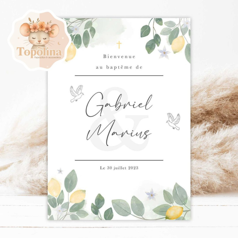 AFFICHE BIENVENUE ANNIVERSAIRE OU BAPTÊME – AFFICHE PERSONNALISÉE AVEC PRÉNOM ET DATE - THÈME : DOLCE VITA / CITRON