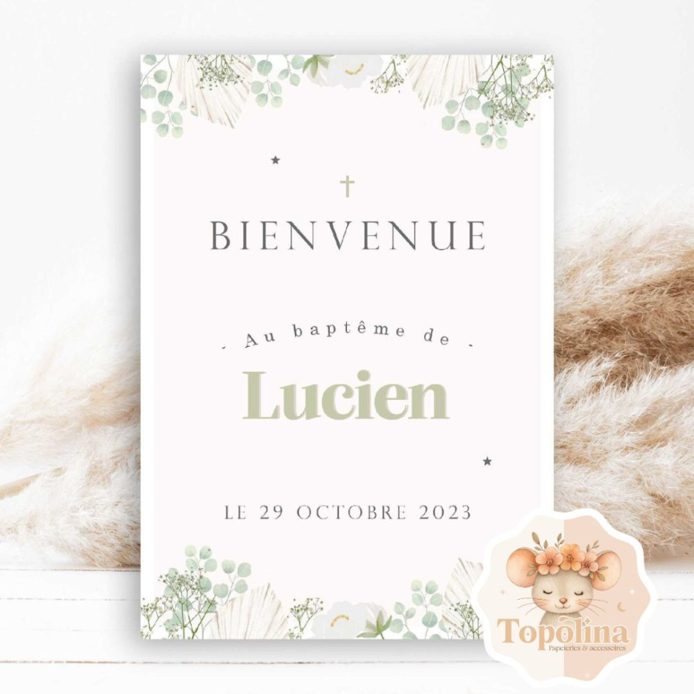 AFFICHE BIENVENUE ANNIVERSAIRE OU BAPTÊME – AFFICHE PERSONNALISÉE AVEC PRÉNOM ET DATE - THÈME : DOLCE EUCALYPTUS