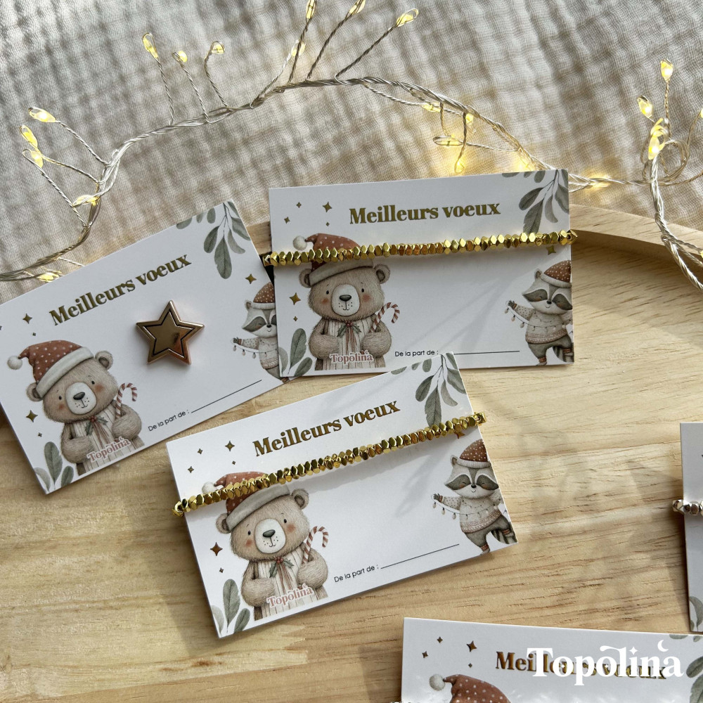 Carte Meilleurs Vœux avec bracelet en perles dorées – Cadeau de Noël délicat & porte-bonheur