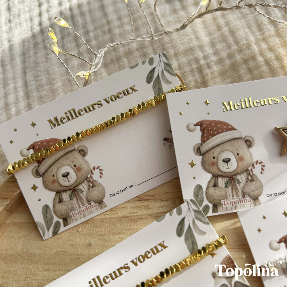 Carte Meilleurs Vœux avec bracelet en perles dorées – Cadeau de Noël délicat & porte-bonheur