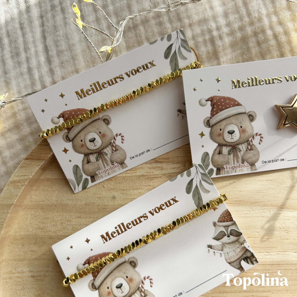 Carte Meilleurs Vœux avec bracelet en perles dorées – Cadeau de Noël délicat & porte-bonheur