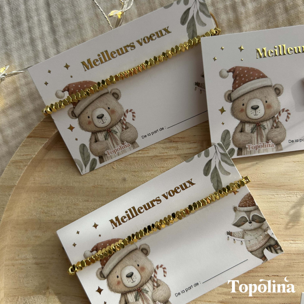 Carte Meilleurs Vœux avec bracelet en perles dorées – Cadeau de Noël délicat & porte-bonheur