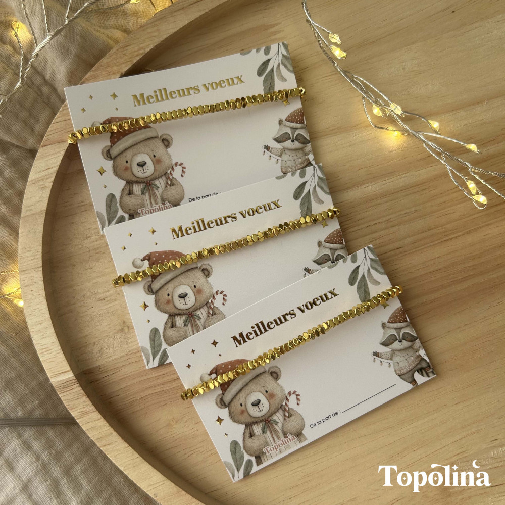 Carte Meilleurs Vœux avec bracelet en perles dorées – Cadeau de Noël délicat & porte-bonheur