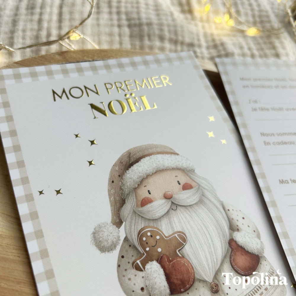 Carte Mon Premier Noël – Souvenir Bébé Personnalisé avec Dorure