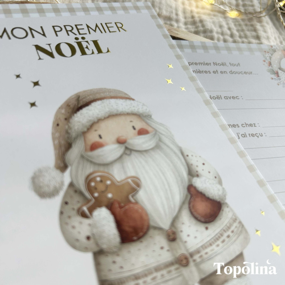 Carte Mon Premier Noël – Souvenir Bébé Personnalisé avec Dorure
