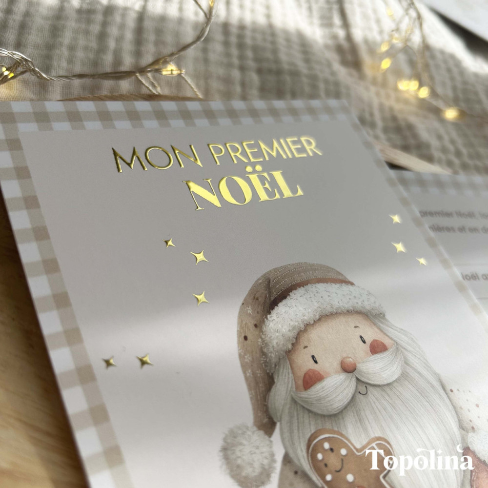 Carte Mon Premier Noël – Souvenir Bébé Personnalisé avec Dorure