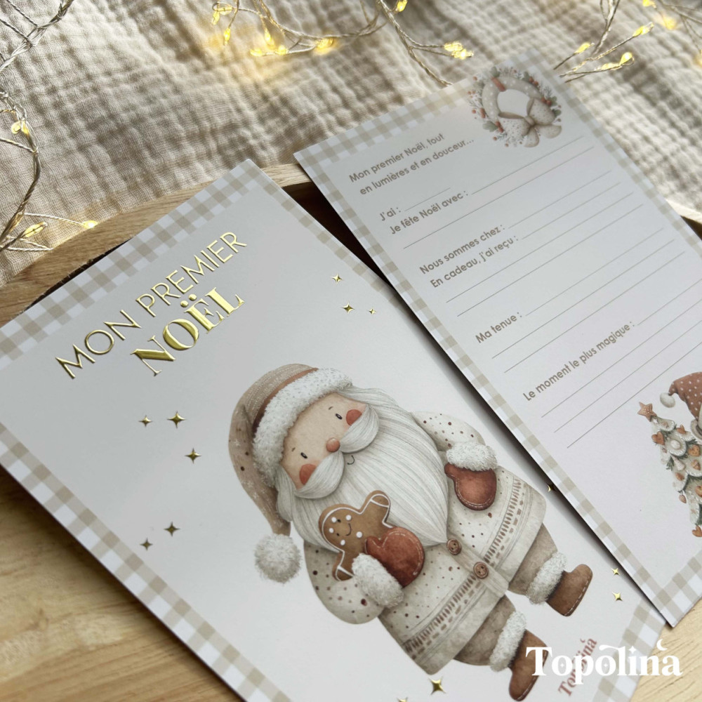 Carte Mon Premier Noël – Souvenir Bébé Personnalisé avec Dorure