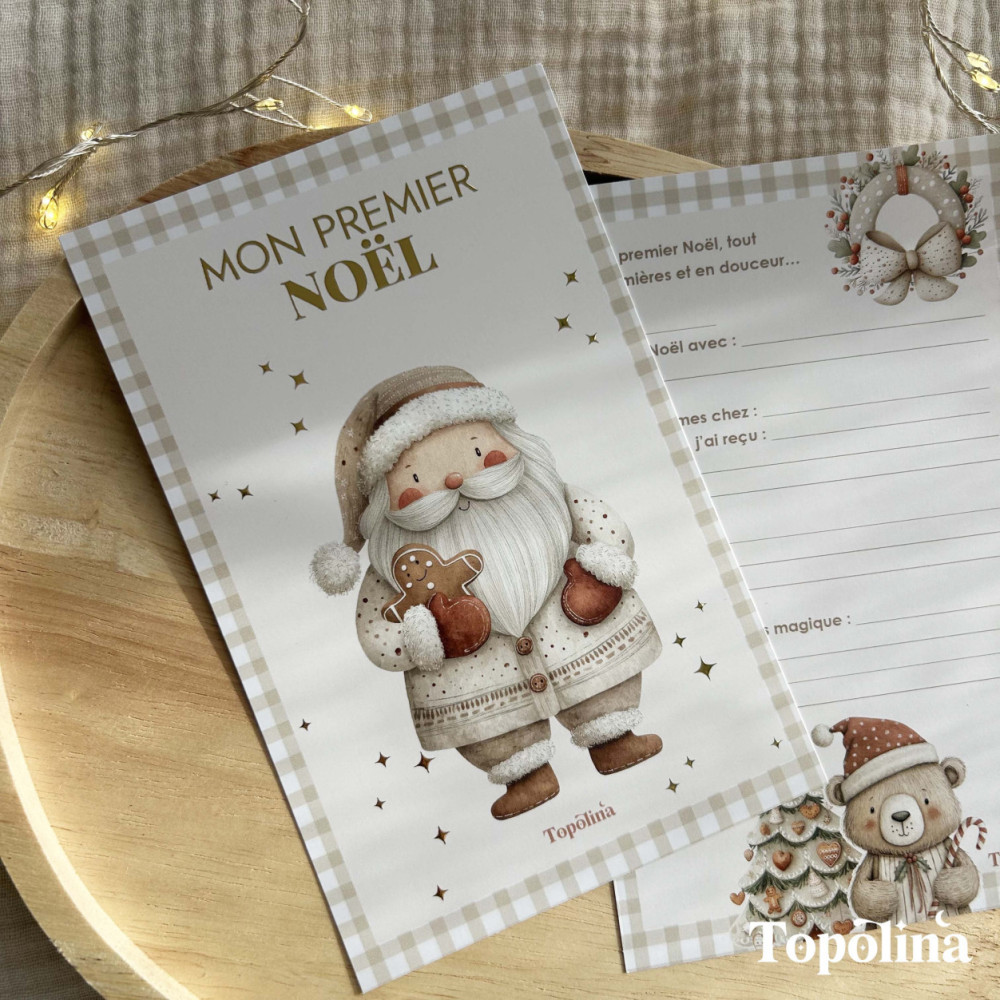 Carte Mon Premier Noël – Souvenir Bébé Personnalisé avec Dorure