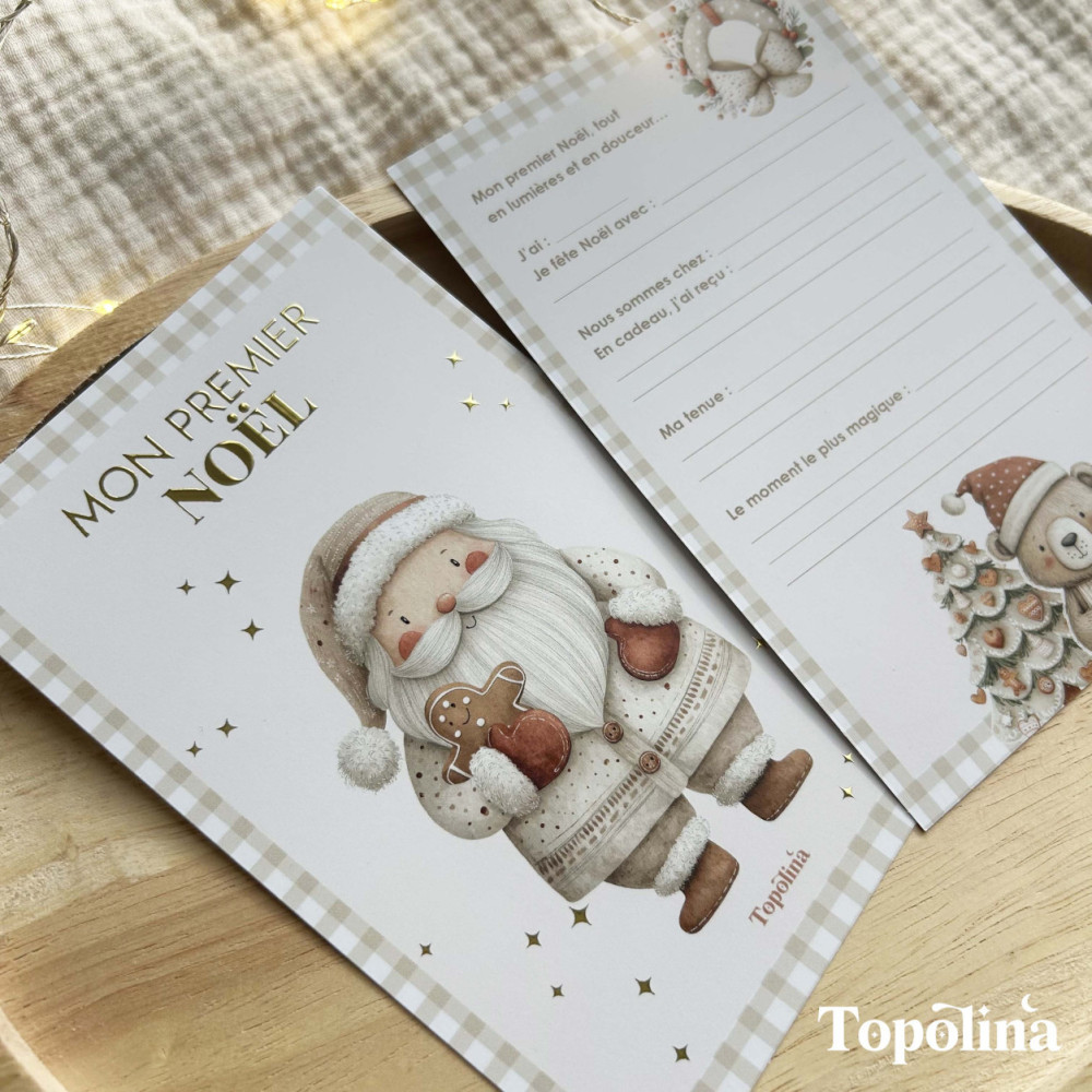Carte Mon Premier Noël – Souvenir Bébé Personnalisé avec Dorure