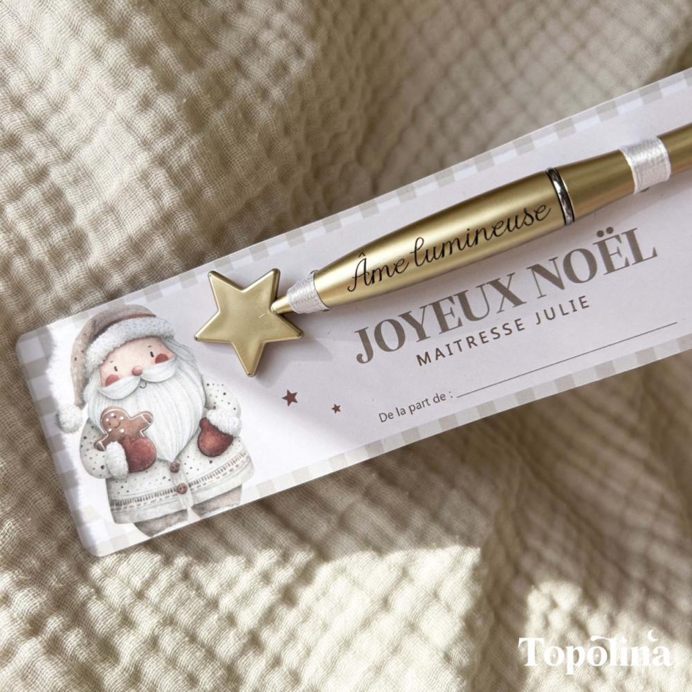 Stylo étoile doré – Cadeau de Noël pour maîtresse, ATSEM ou nounou ( gravure : Âme lumineuse)