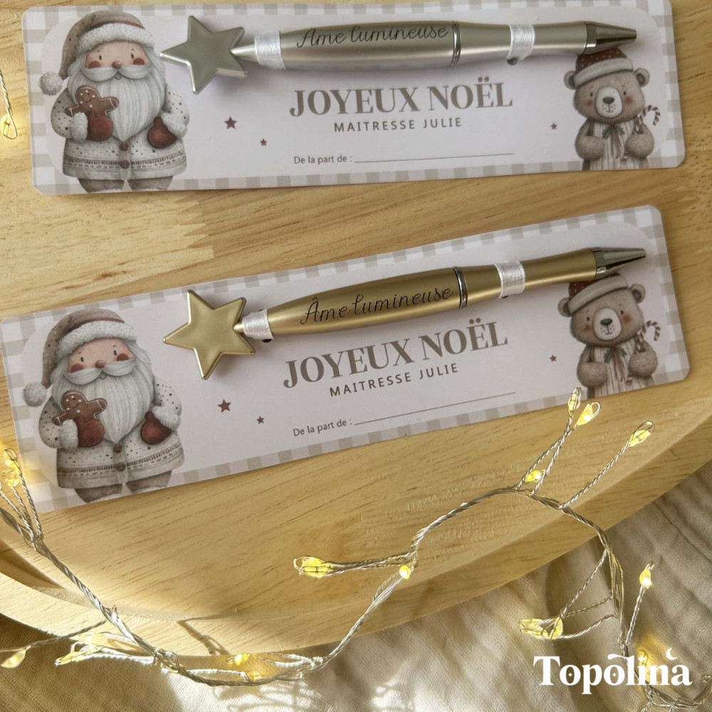 Stylo étoile doré – Cadeau de Noël pour maîtresse, ATSEM ou nounou ( gravure : Âme lumineuse)