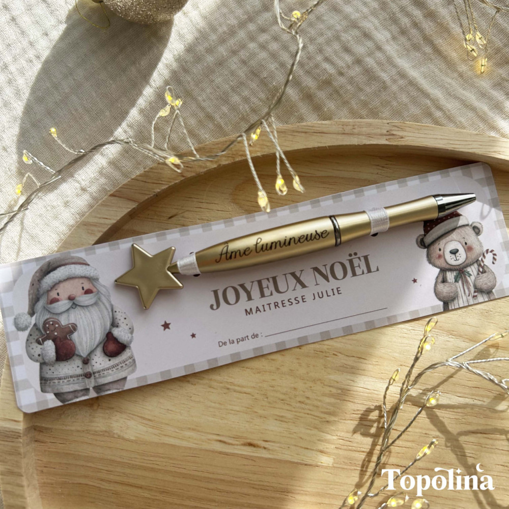 Stylo étoile doré – Cadeau de Noël pour maîtresse, ATSEM ou nounou ( gravure : Âme lumineuse)