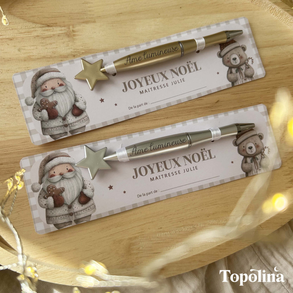 Stylo étoile doré – Cadeau de Noël pour maîtresse, ATSEM ou nounou ( gravure : Âme lumineuse)