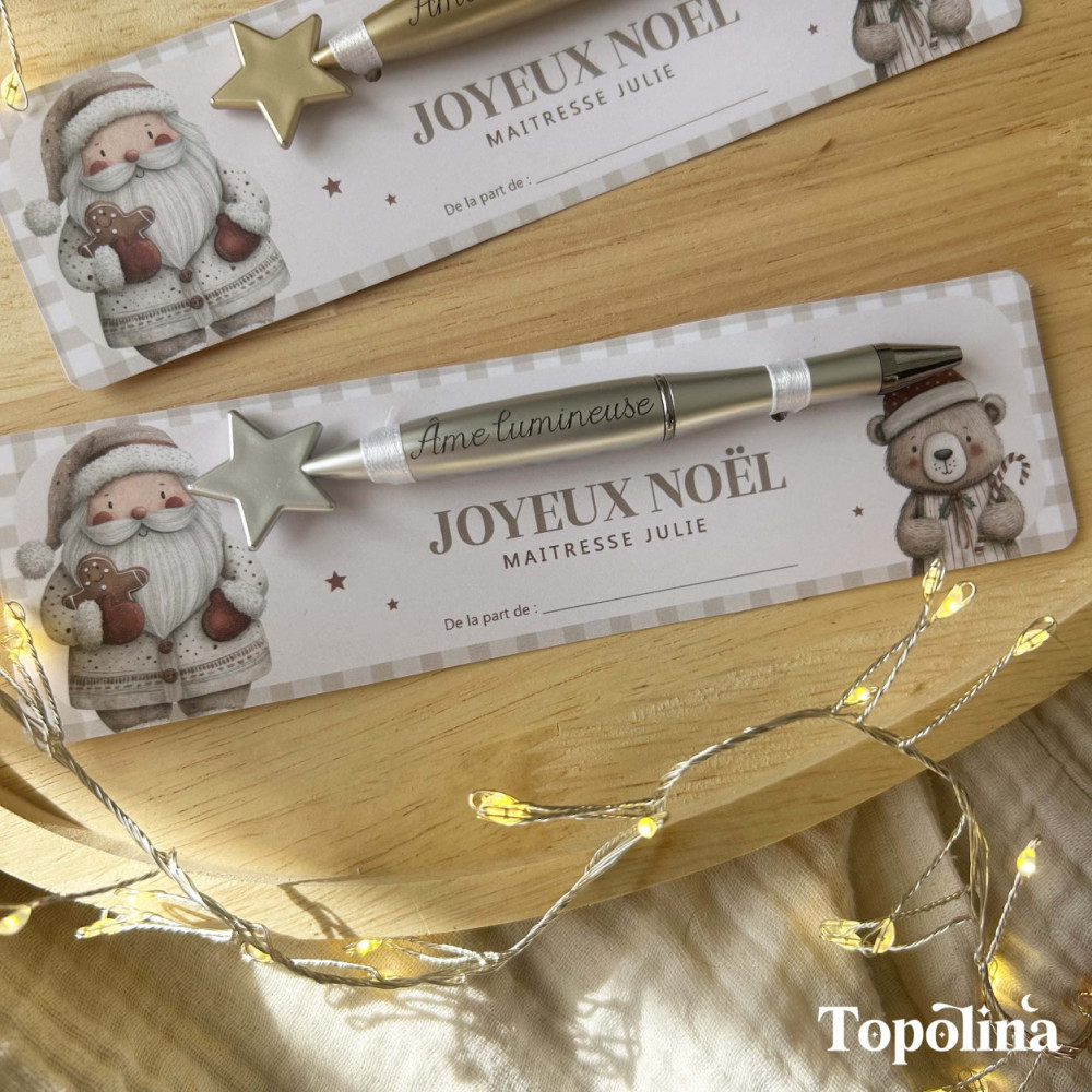 Stylo étoile argenté – Cadeau de Noël pour maîtresse, ATSEM ou nounou (gravure :  Âme lumineuse )