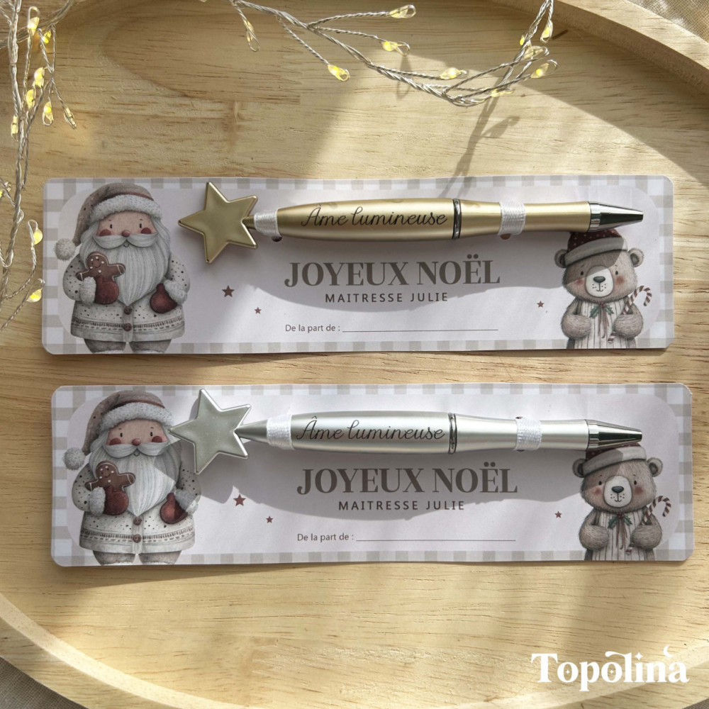 Stylo étoile argenté – Cadeau de Noël pour maîtresse, ATSEM ou nounou (gravure :  Âme lumineuse )