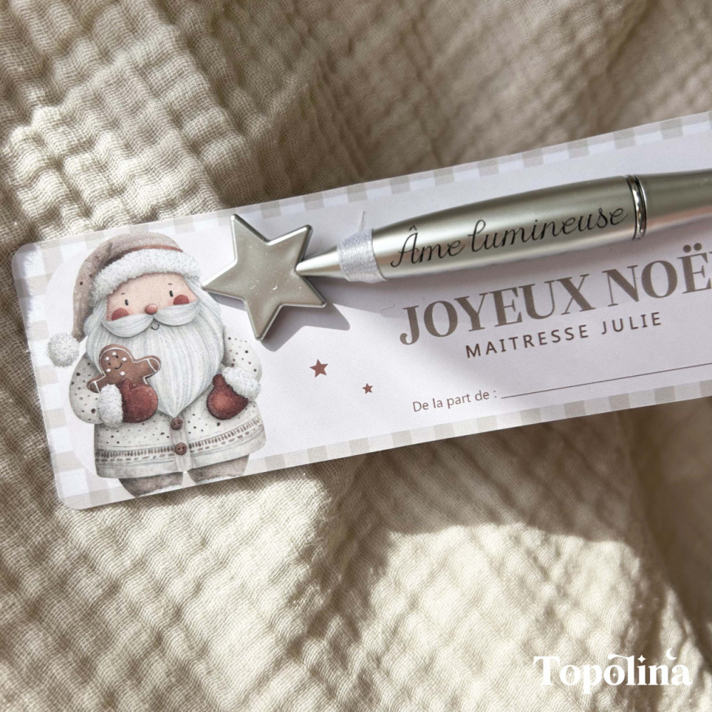 Stylo étoile argenté – Cadeau de Noël pour maîtresse, ATSEM ou nounou (gravure :  Âme lumineuse )