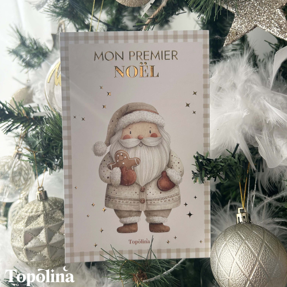 Carte Mon Premier Noël – Souvenir Bébé Personnalisé avec Dorure