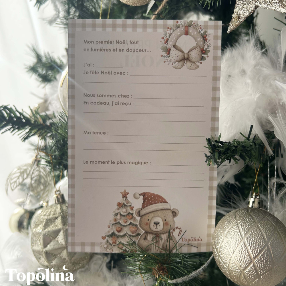 Carte Mon Premier Noël – Souvenir Bébé Personnalisé avec Dorure