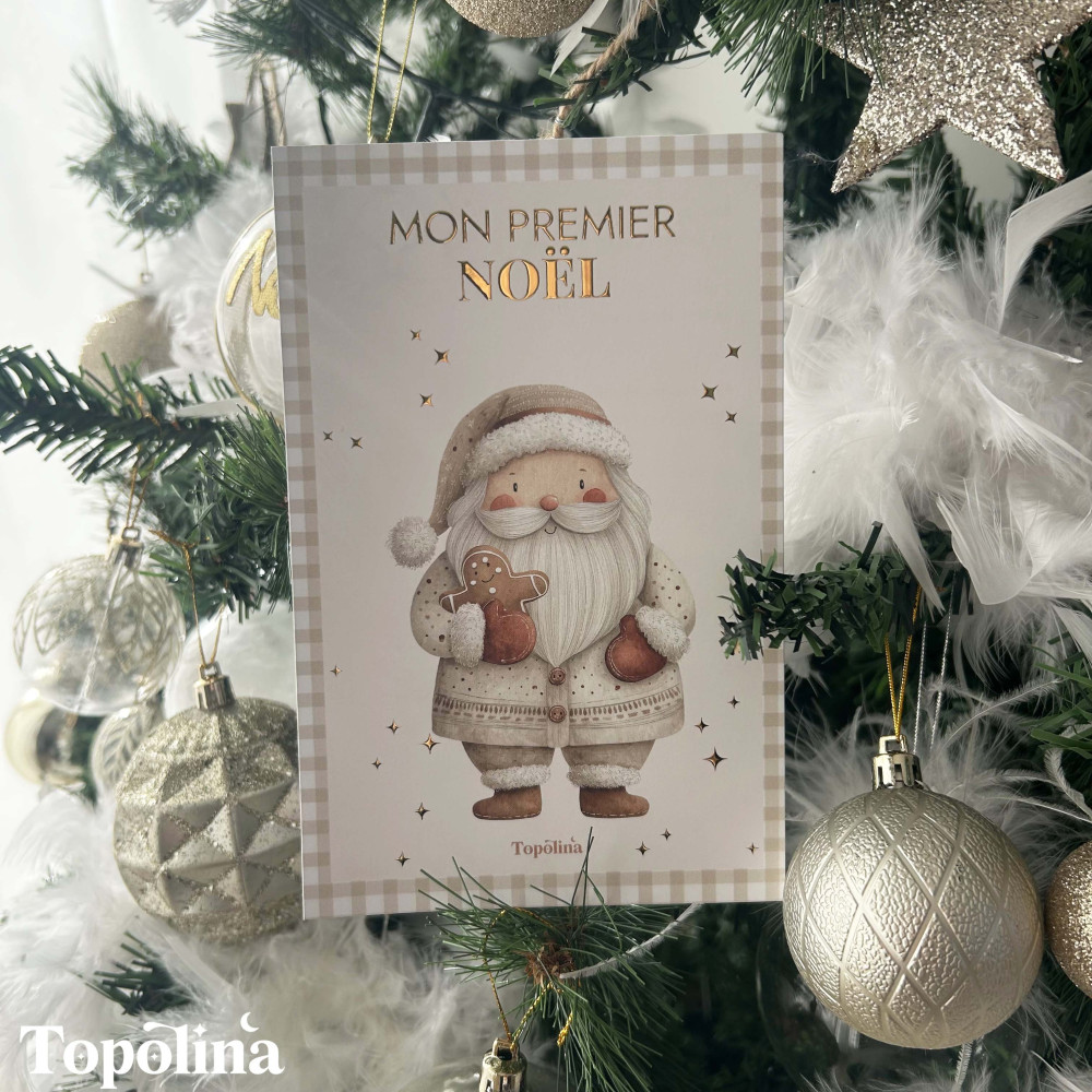 Carte Mon Premier Noël – Souvenir Bébé Personnalisé avec Dorure