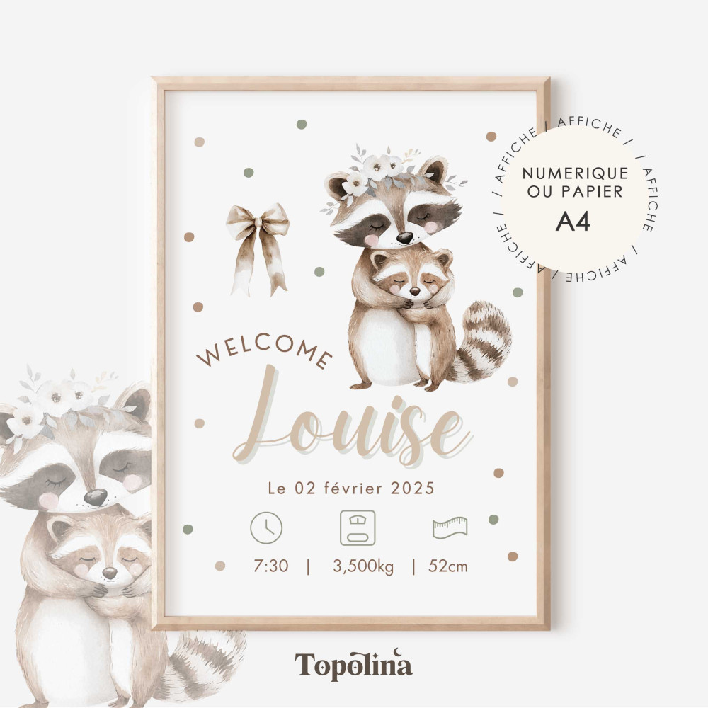 Affiche naissance raton laveur – Illustration maman et bébé