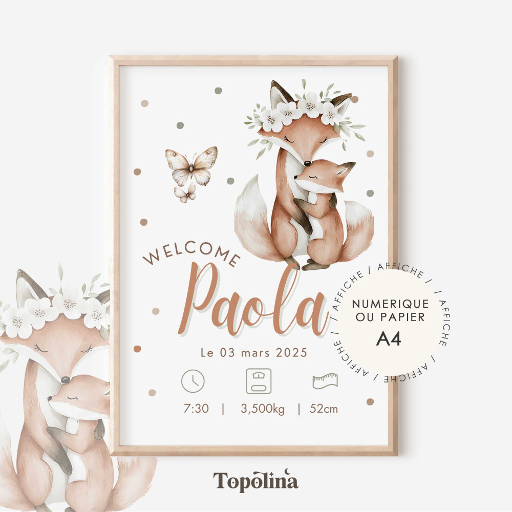 Affiche naissance renard – Illustration maman et bébé