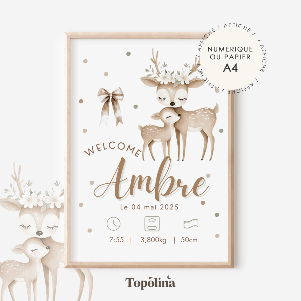 Affiche naissance biche – Illustration maman et bébé