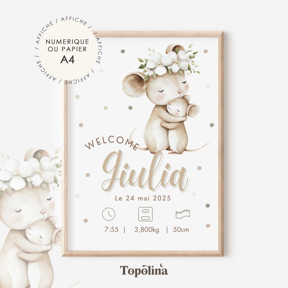 Affiche naissance souris – Illustration maman et bébé