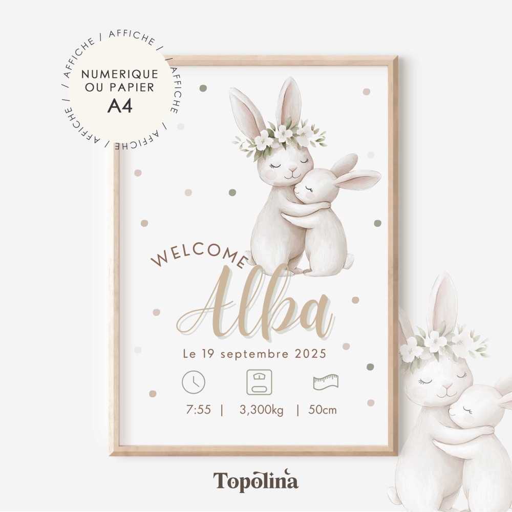Affiche naissance lapin – Illustration maman et bébé