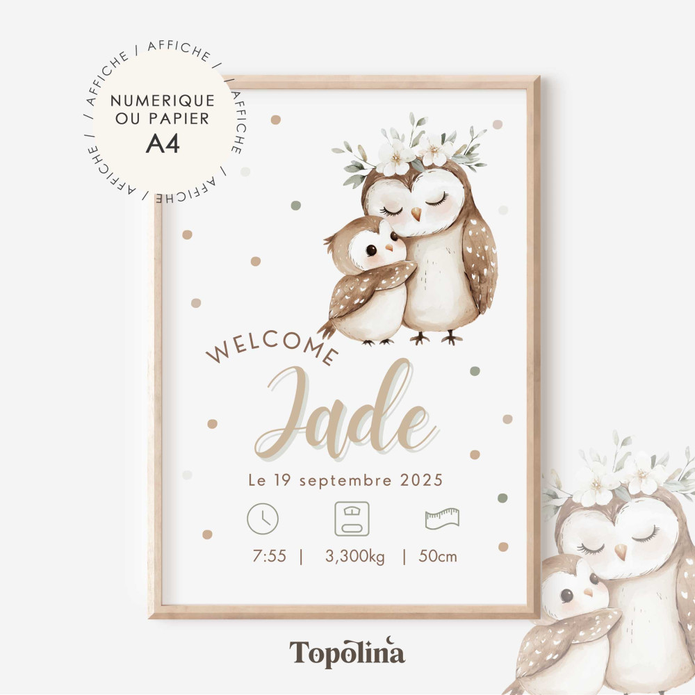 Affiche naissance hibou – Illustration maman et bébé
