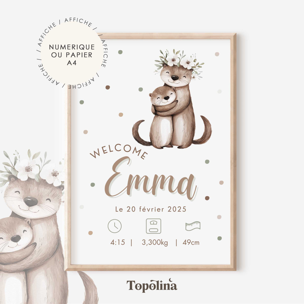Affiche naissance loutre – Illustration maman et bébé