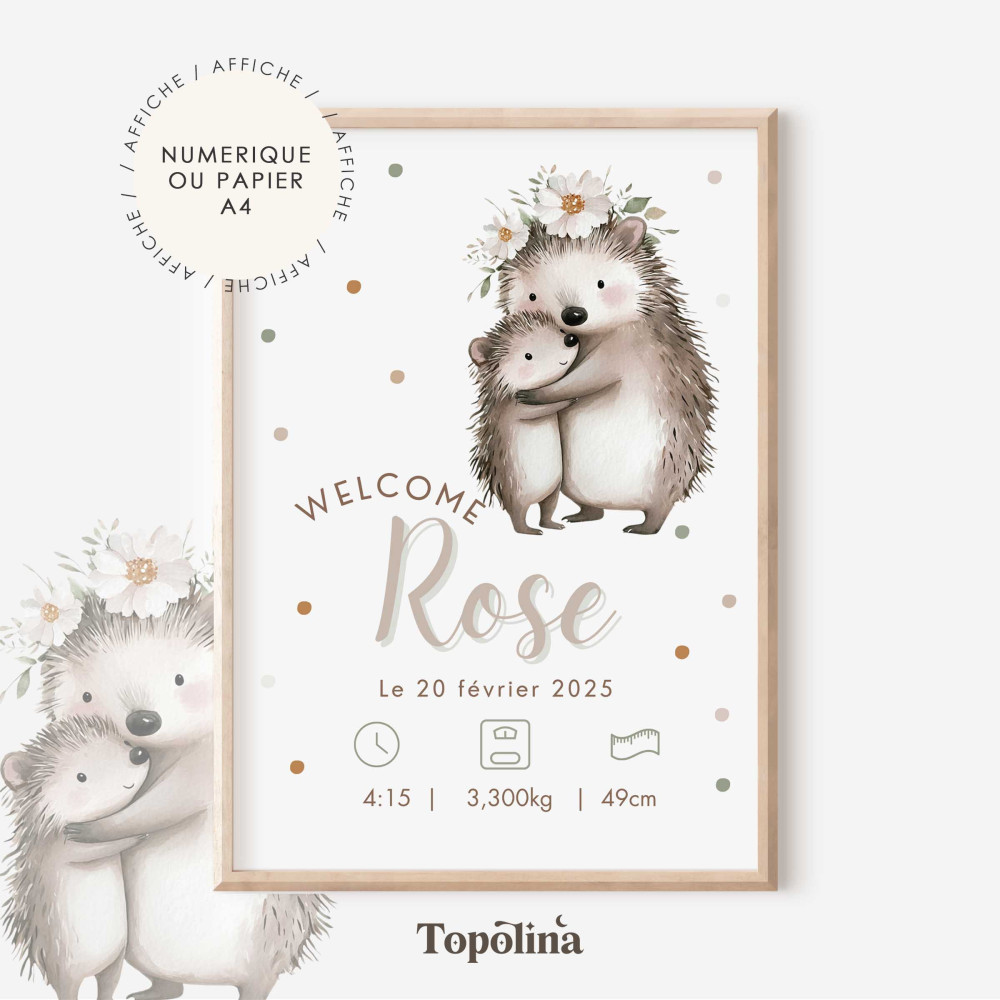 Affiche naissance hérisson – Illustration maman et bébé