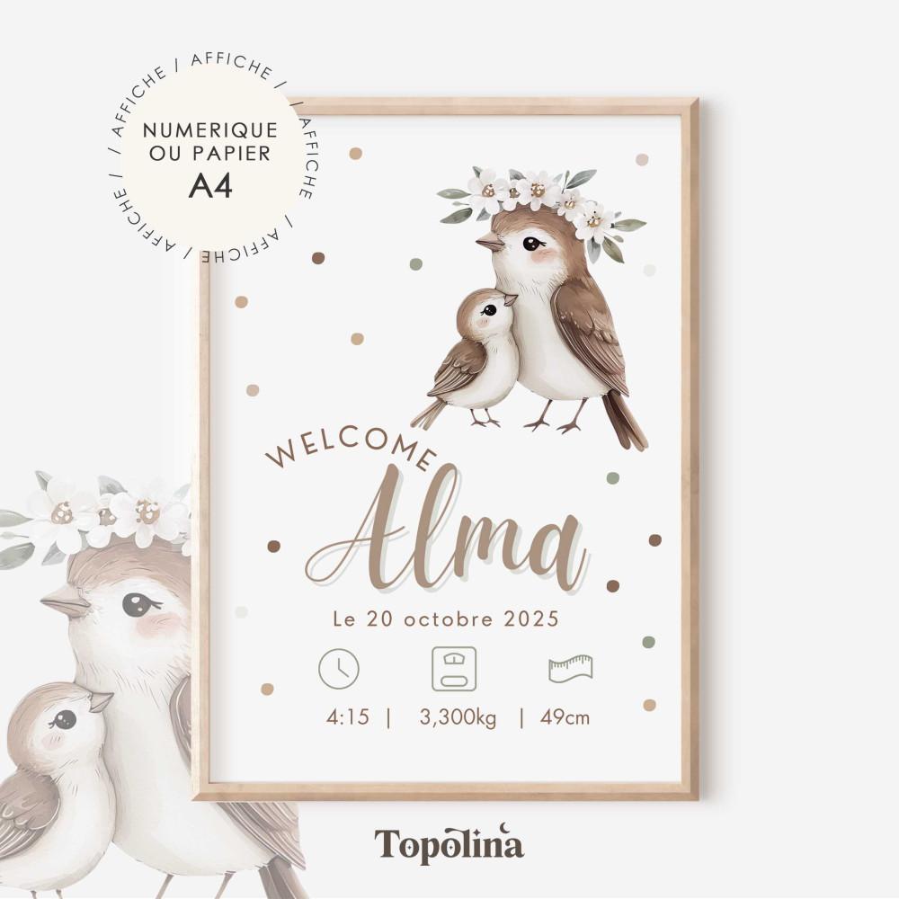 Affiche naissance oiseau – Illustration maman et bébé