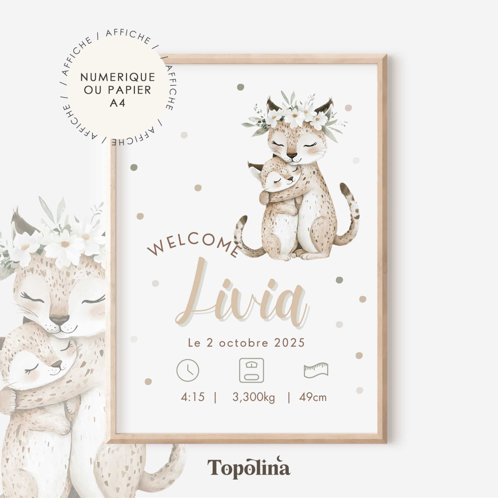 Affiche naissance lynx – Illustration maman et bébé