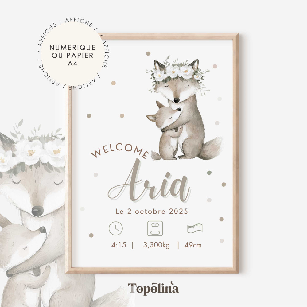 Affiche naissance louve – Illustration maman et bébé